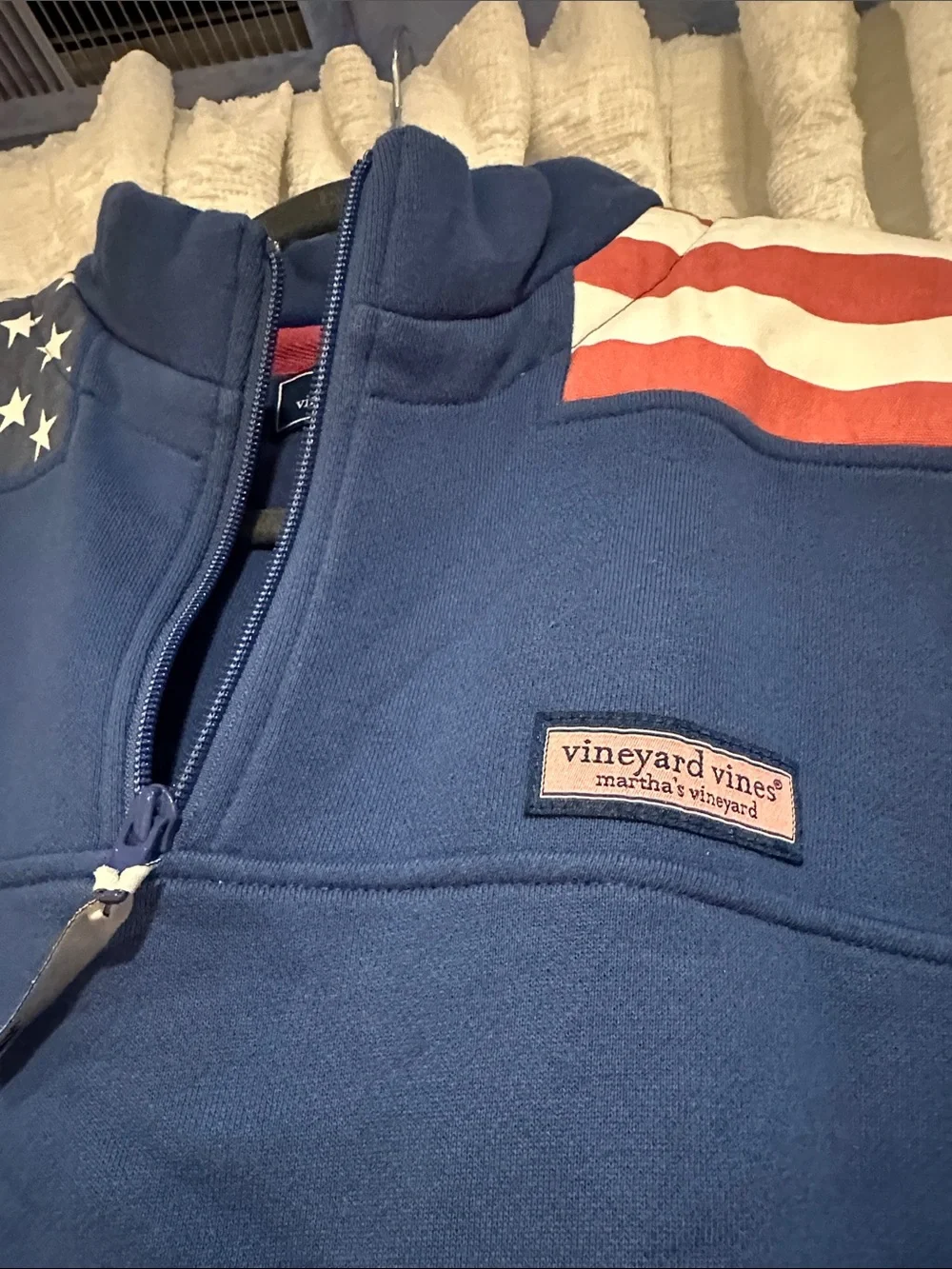 Vineyard Vines Men's Blue Half-Zip Pullover with American Flag Panels - Small